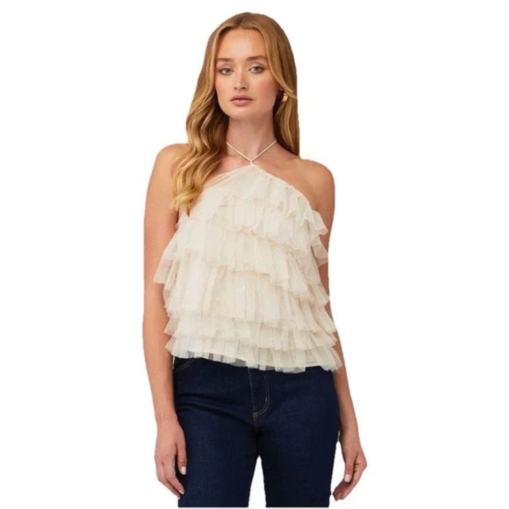 4SI3NNA Bree Ruffled Ivory Shimmery Halter Top Size L